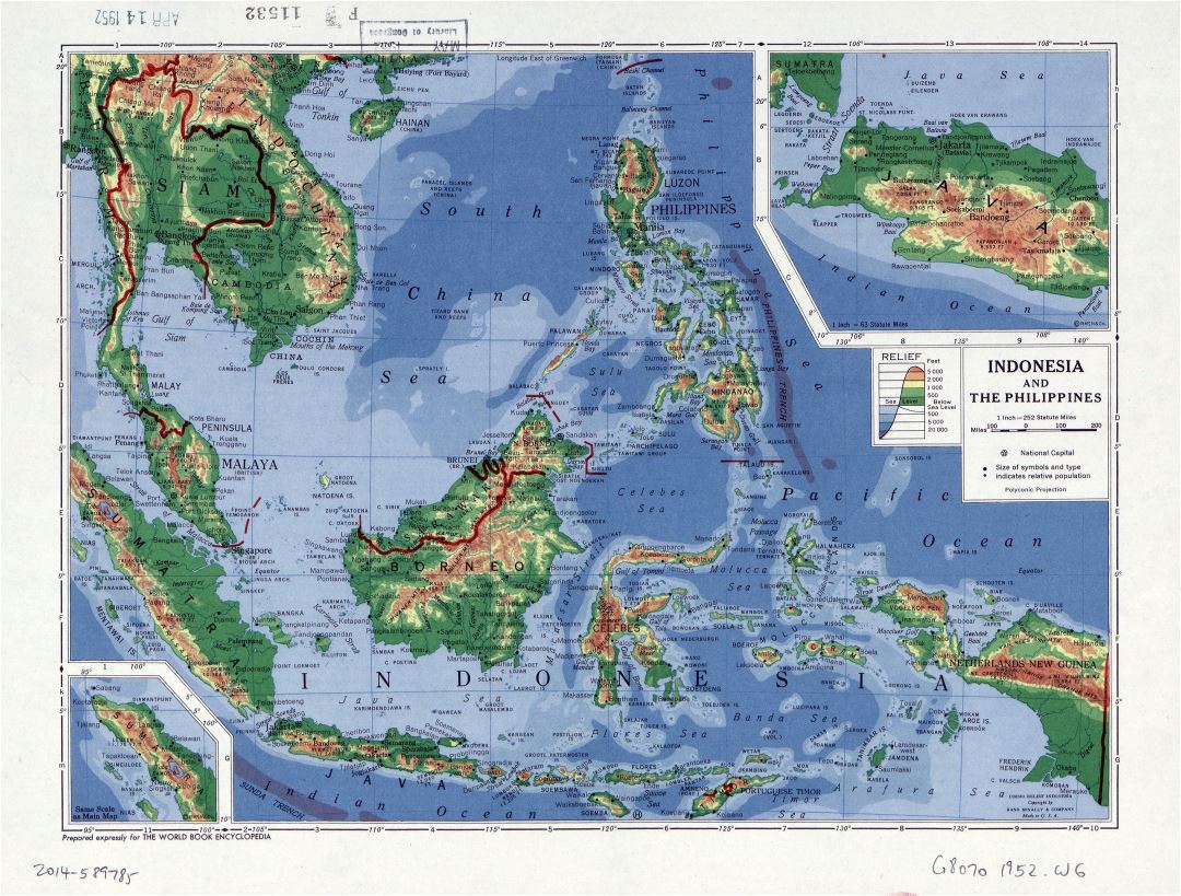 Большая детальная карта высот Индонезии и Филиппин - 1952
