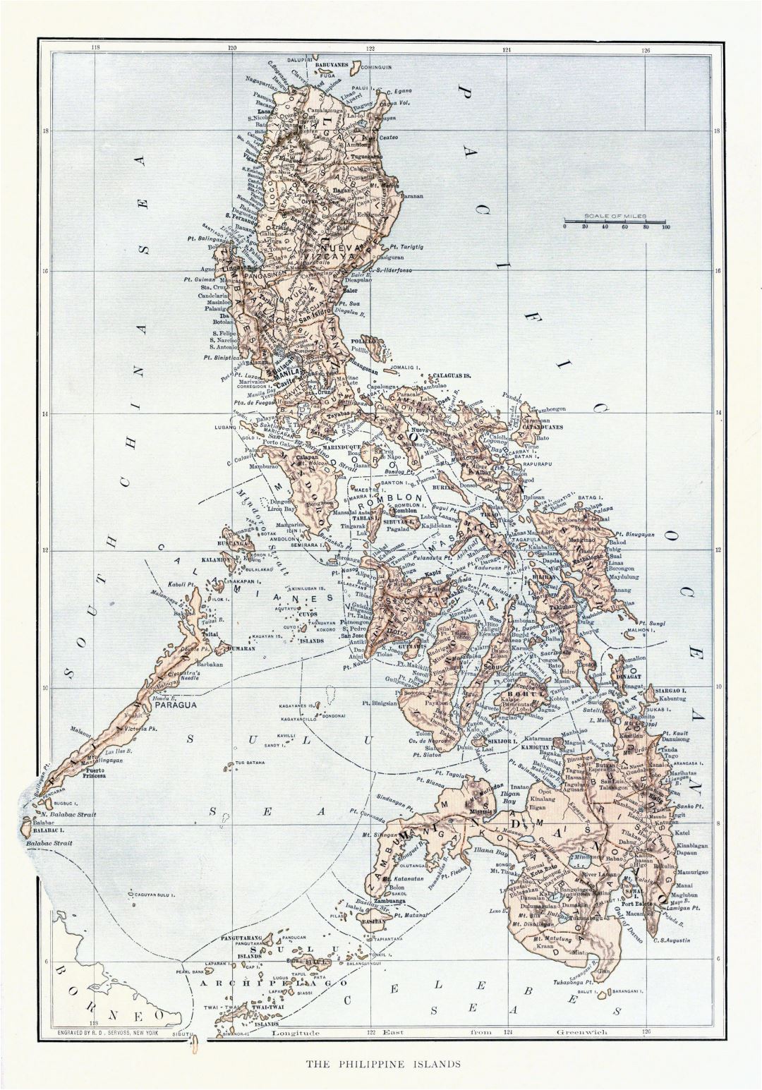 Большая детальная старая политическая и административная карта Филиппин с рельефом