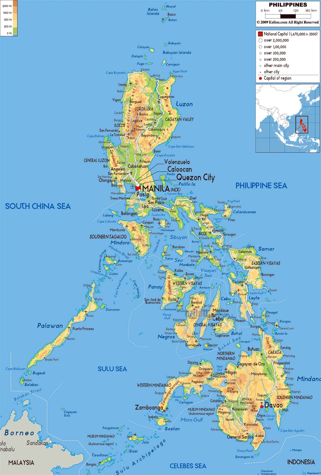 Большая физическая карта Филиппин с дорогами, городами и аэропортами