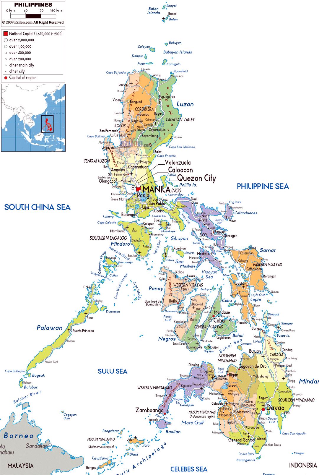 Большая политическая и административная карта Филиппин с дорогами, городами и аэропортами