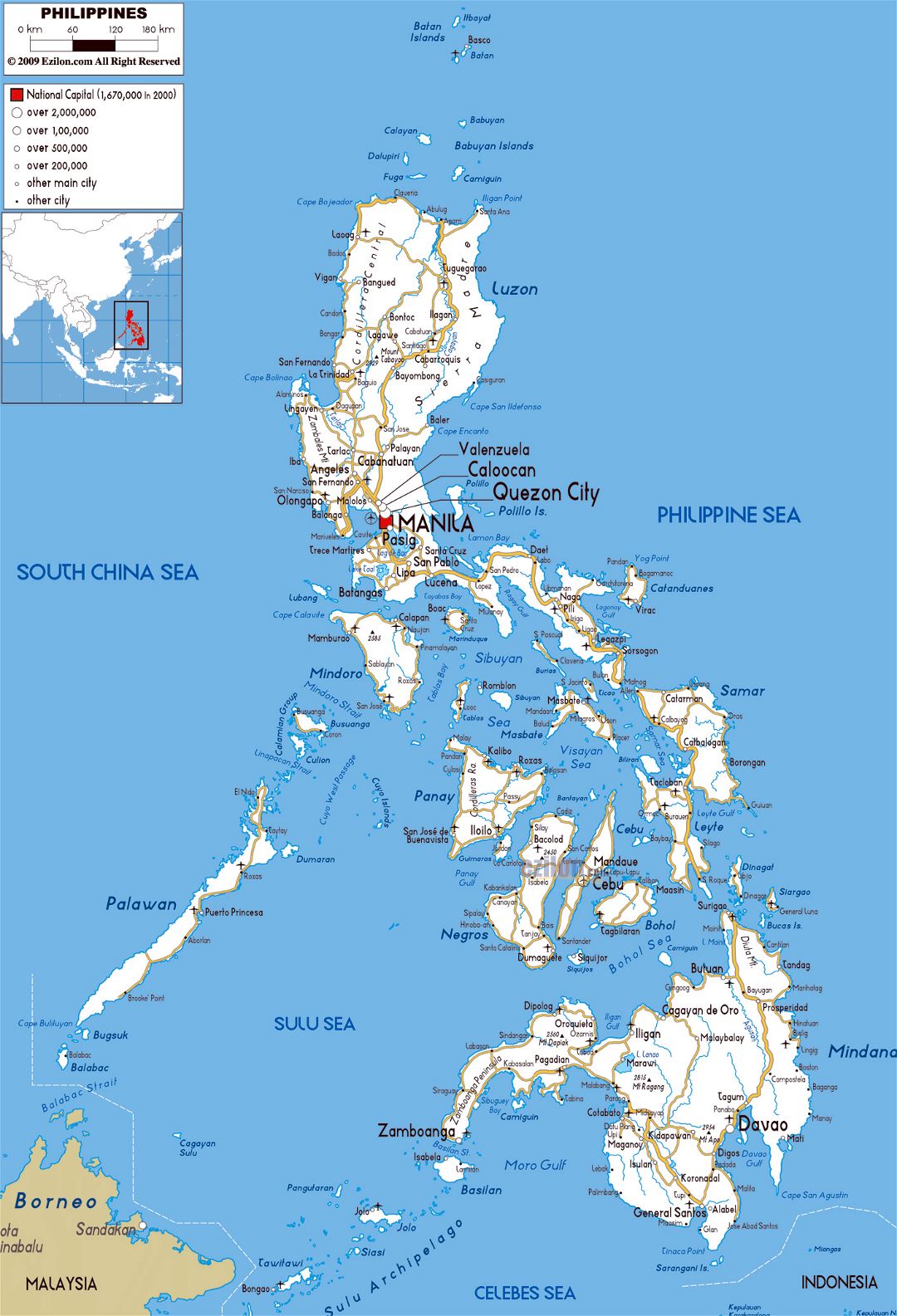 Большая карта дорог Филиппин с городами и аэропортами