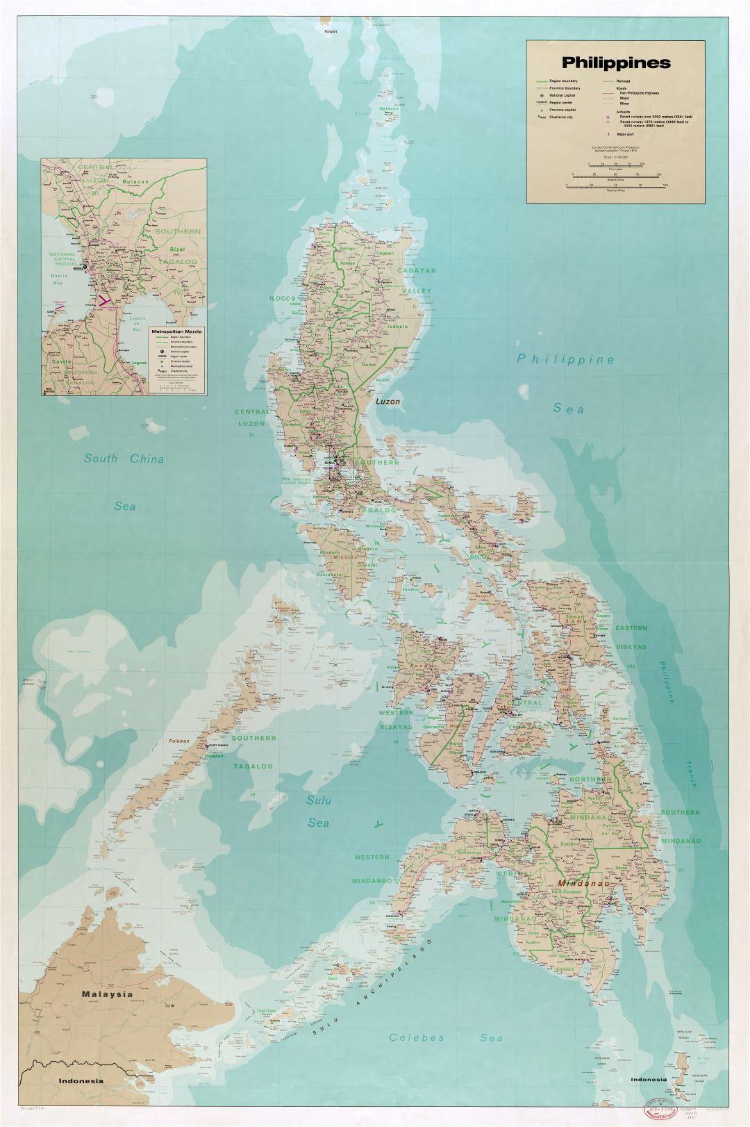 Крупномасштабная детальная политическая и административная карта Филиппин с дорогами, железными дорогами, всеми городами, аэропортами, портами и другими пометками - 1990