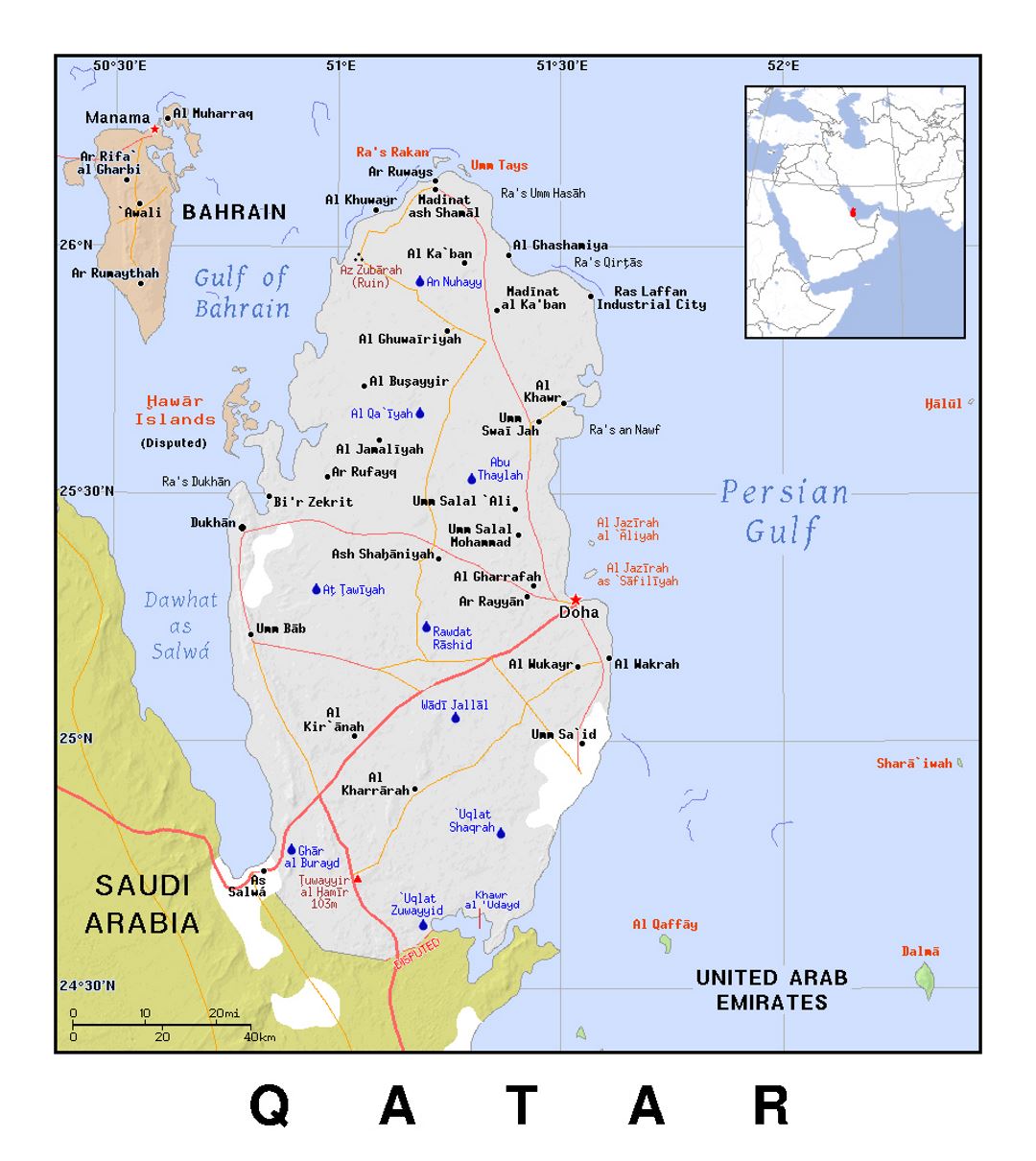 Детальная политическая карта Катара с рельефом