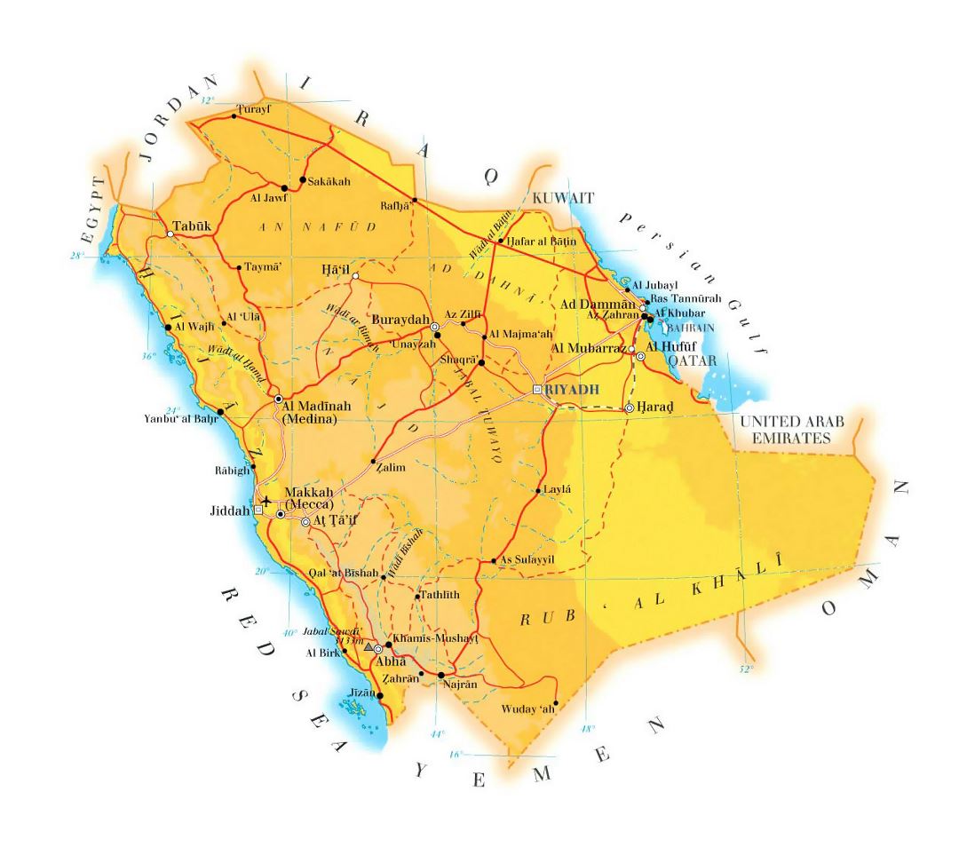 Детальная карта высот Саудовской Аравии с дорогами, железными дорогами, городами и аэропортами