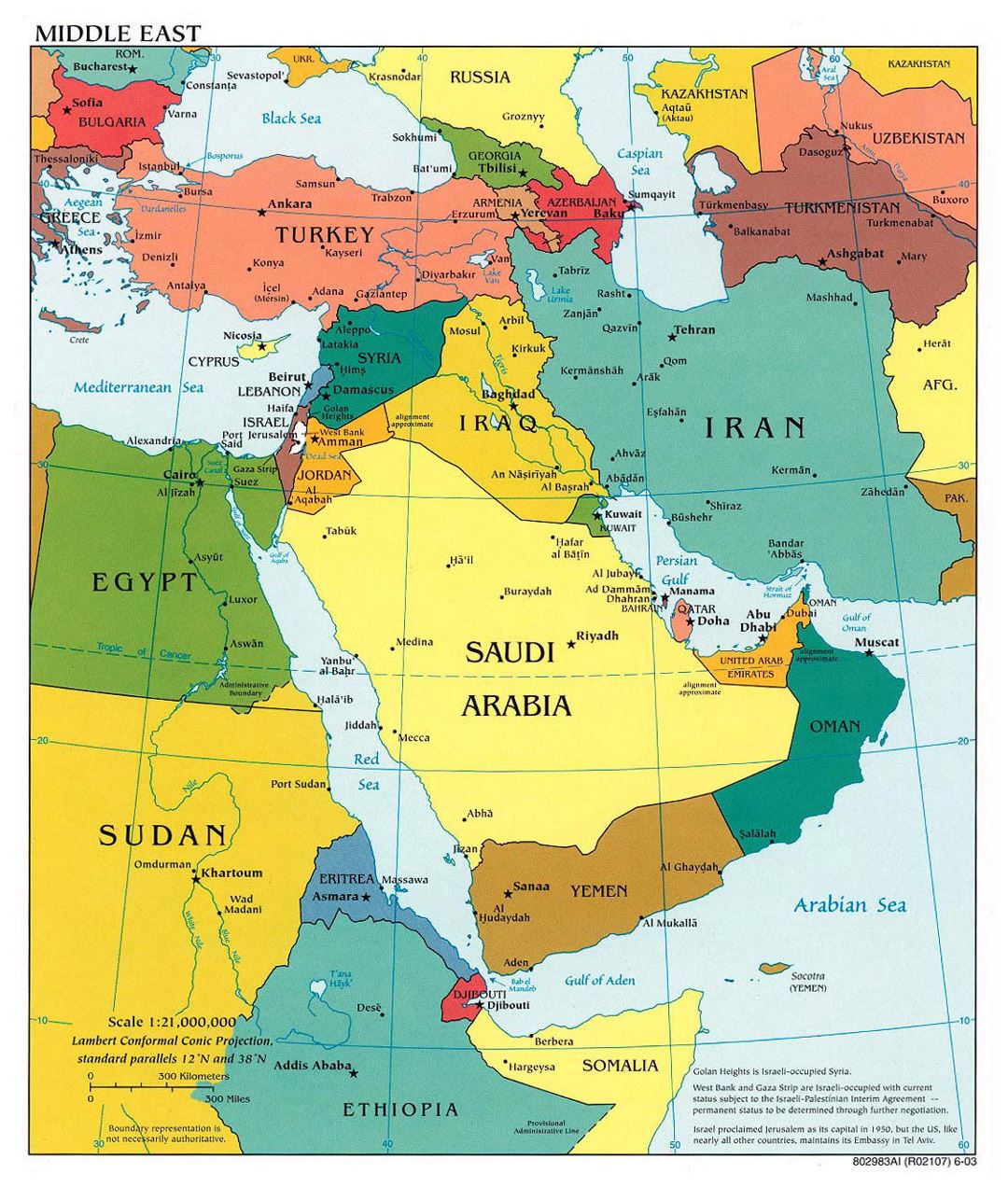 Детальная политическая карта Ближнего Востока с крупными городами - 2003