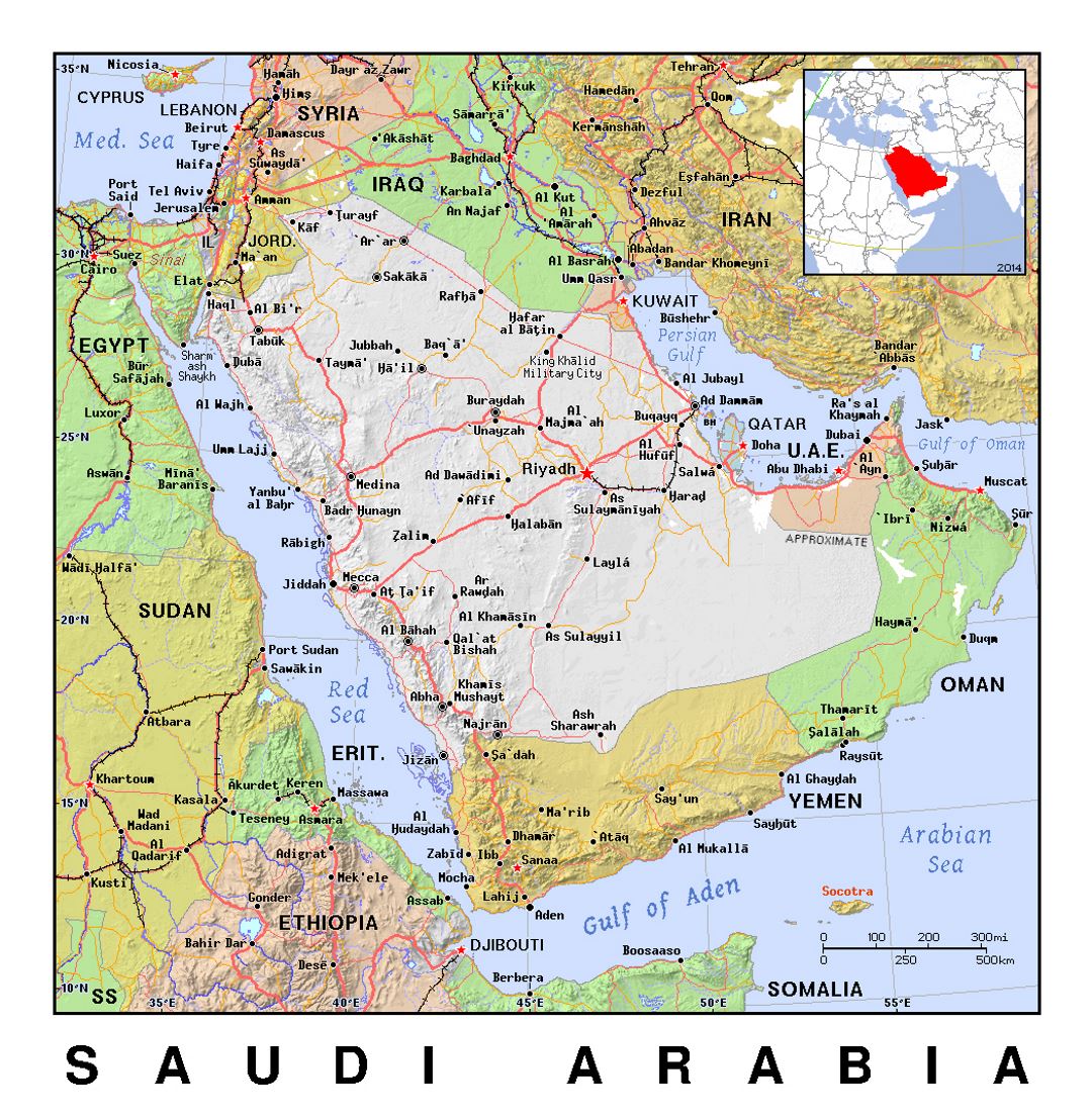Детальная политическая карта Саудовской Аравии с рельефом
