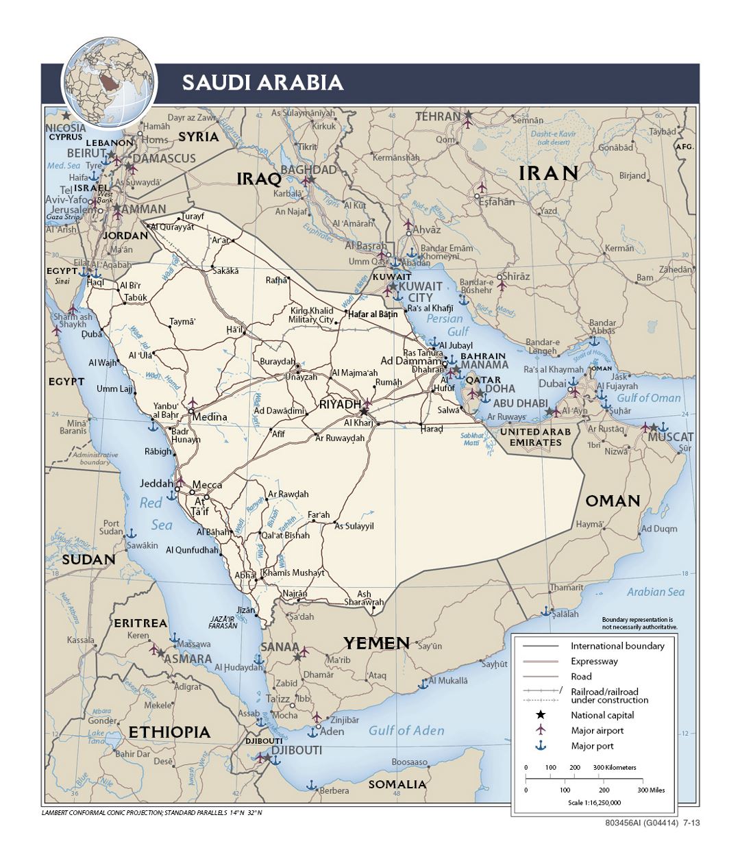 Детальная политическая карта Саудовской Аравии с дорогами, железными дорогами, портами, аэропортами и крупными городами - 2013