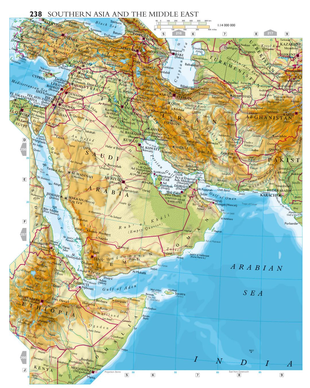Большая детальная карта высот Южной Азии и Ближнего Востока