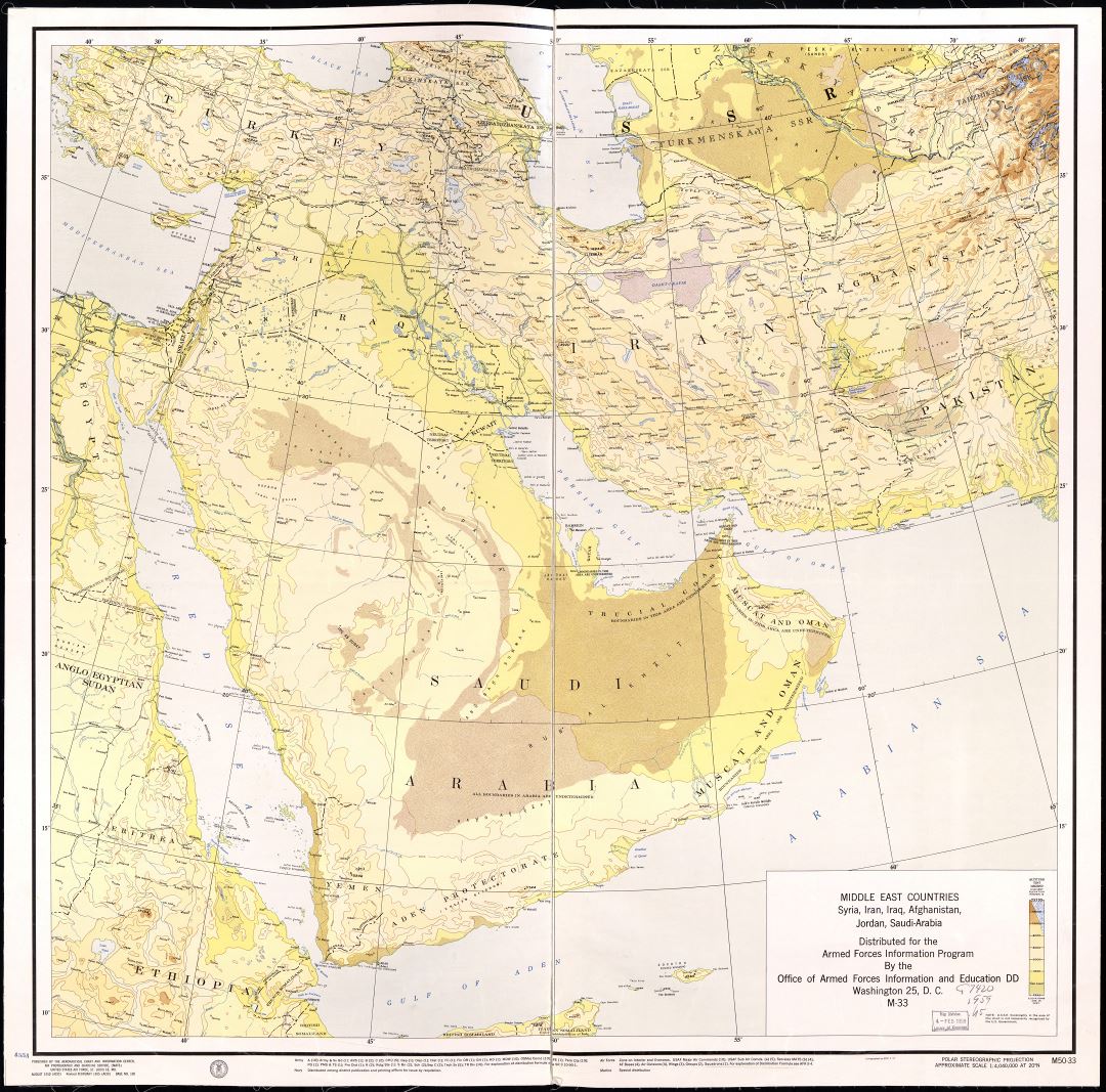 Большая детальная карта высот стран Ближнего Востока - Сирии, Ирана, Ирака, Афганистана, Иордании и Саудовской Аравии - 1955