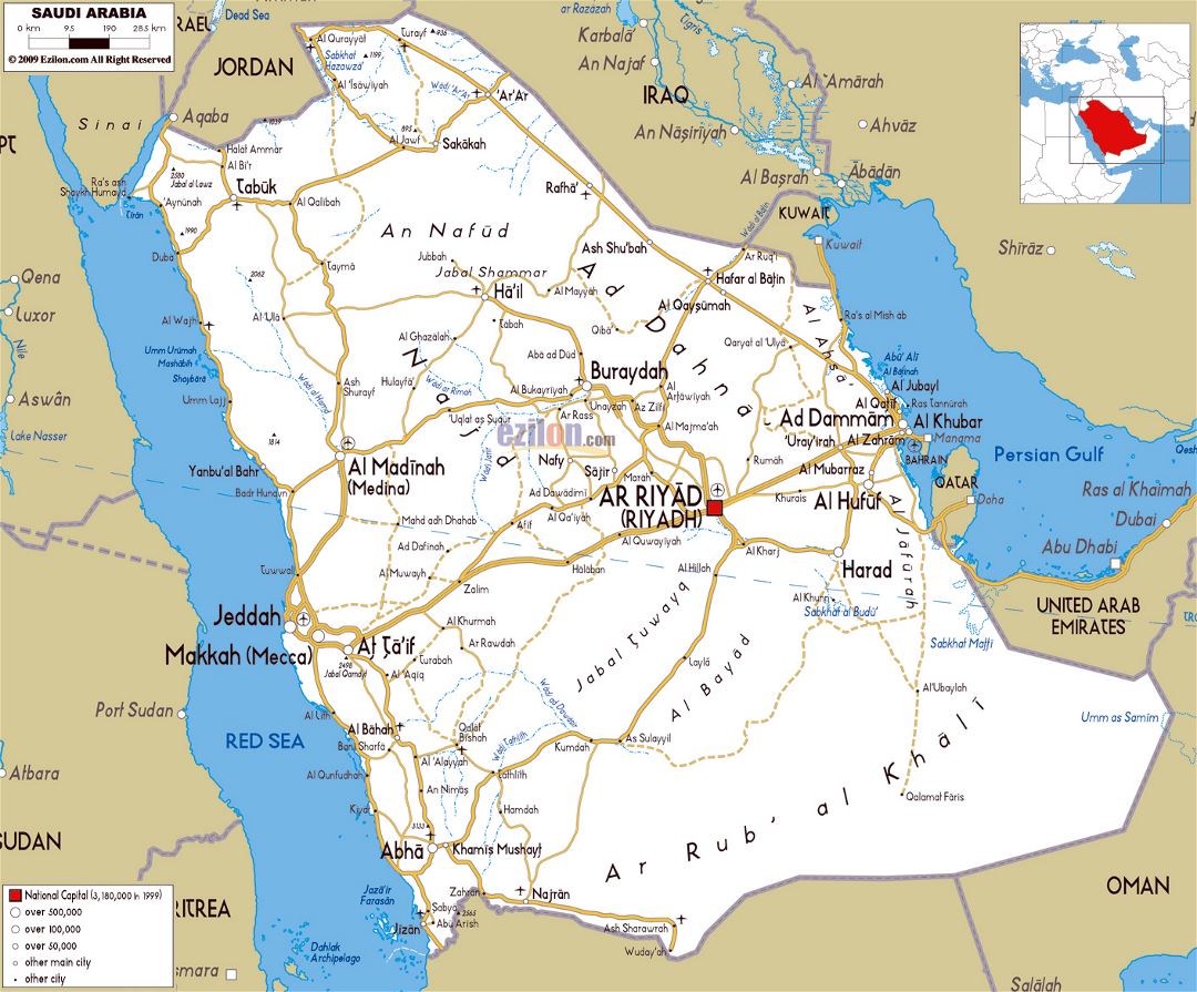 Большая карта дорог Саудовской Аравии с городами и аэропортами