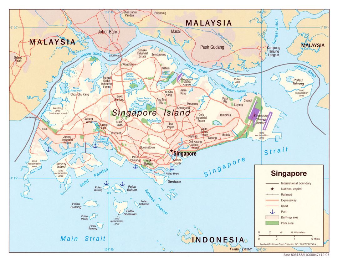 Детальная политическая карта Сингапура с дорогами, железными дорогами, аэропортами, морскими портами и другими пометками - 2005