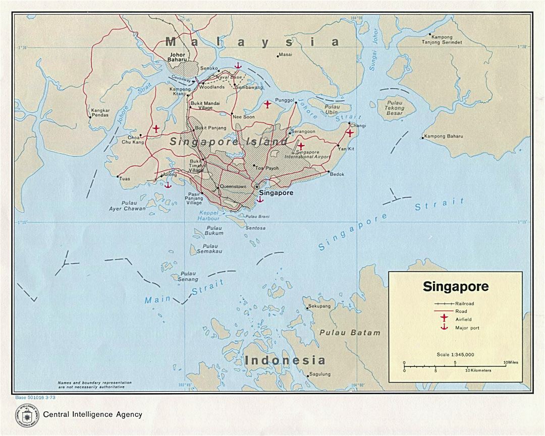 Большая детальная политическая карта Сингапура с дорогами, железными дорогами, аэродромами и крупными портами - 1973