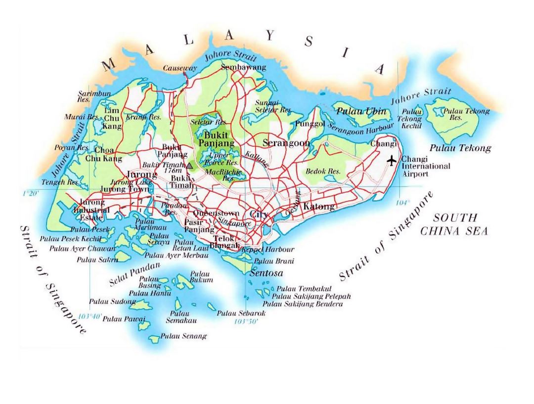 Большая карта высот Сингапура с дорогами, железными дорогами и аэропортами