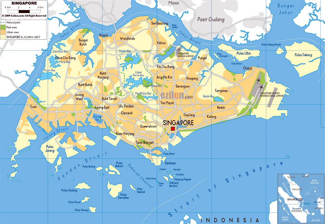 Большая физическая карта Сингапура с дорогами и аэропортами