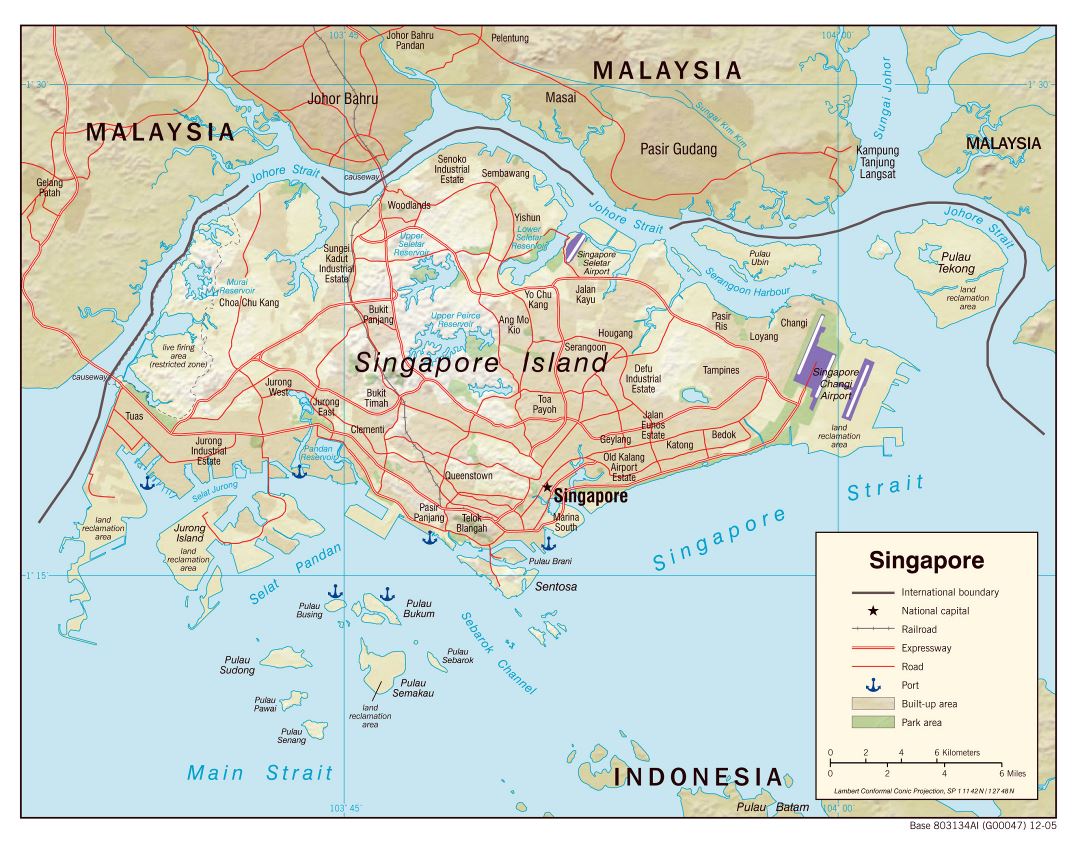 Большая политическая карта Сингапура с рельефом, дорогами, железными дорогами, аэропортами, морскими портами и другими пометками - 2005