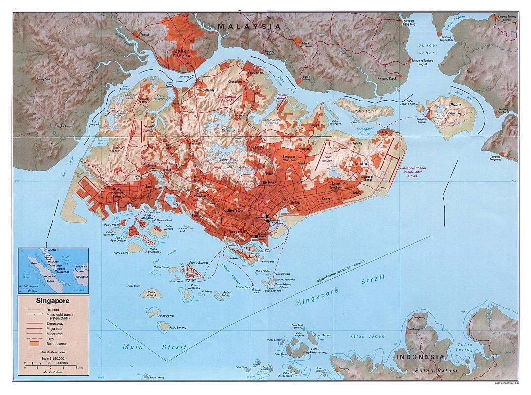 Большая политическая карта Сингапура с рельефом, дорогами, железными дорогами и другими пометками - 1994