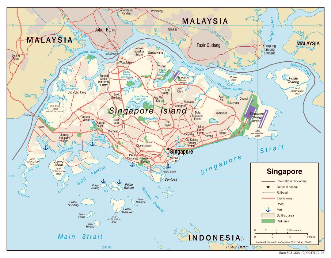 Большая политическая карта Сингапура с дорогами, железными дорогами, аэропортами, морскими портами и другими пометками - 2005