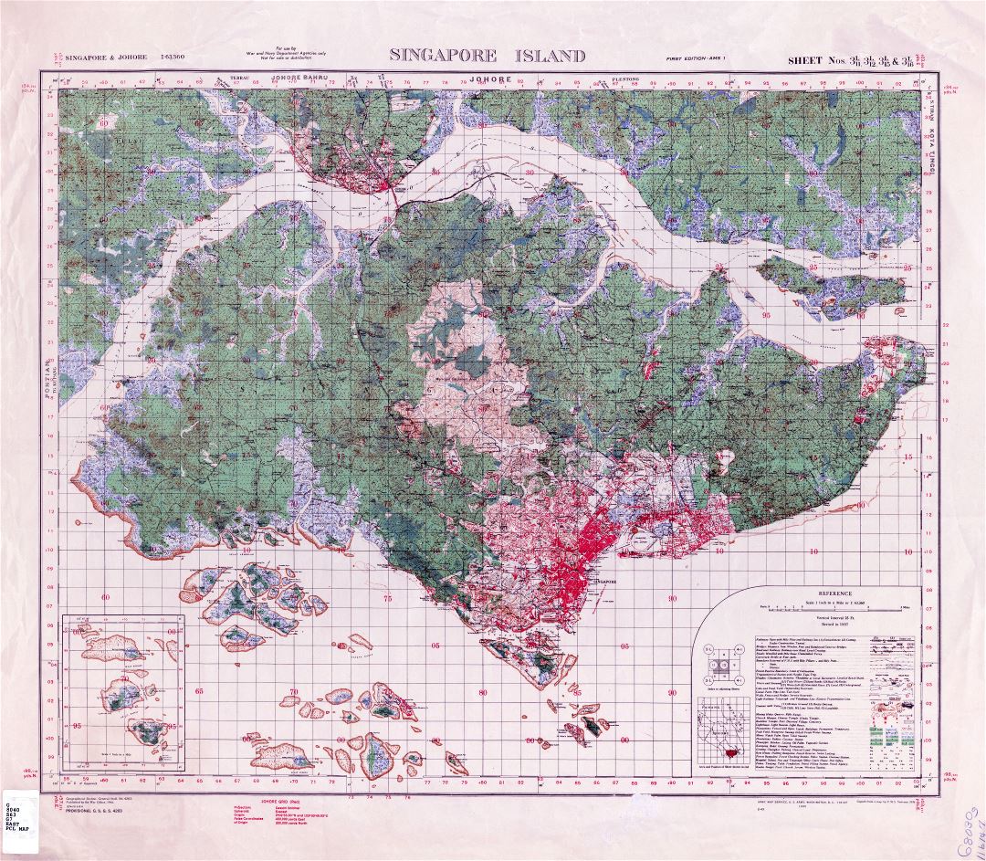 Крупномасштабная старая топографическая карта Сингапура - 1937