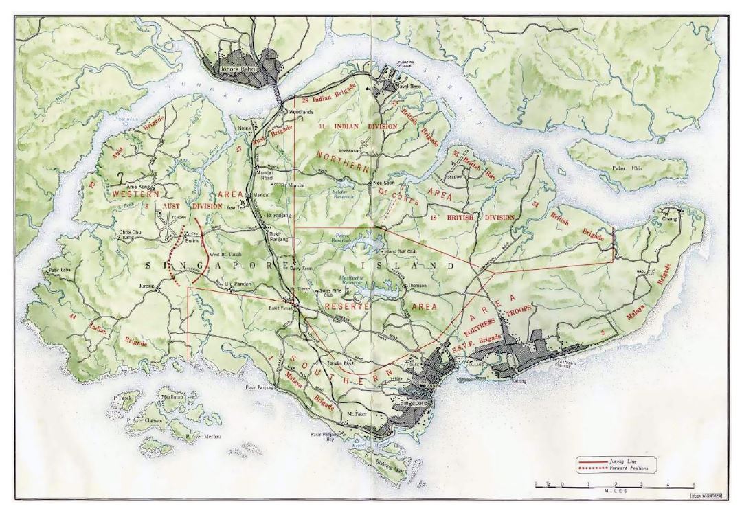 Старая карта Сингапура с рельефом - 1942