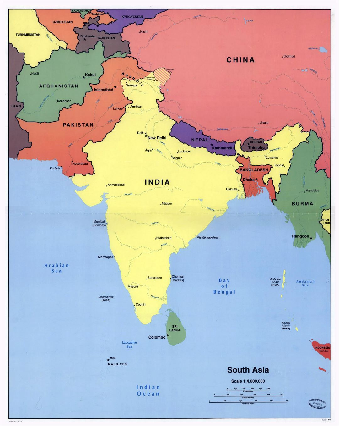 Большая подробная политическая карта Южной Азии с крупными городами - 1998