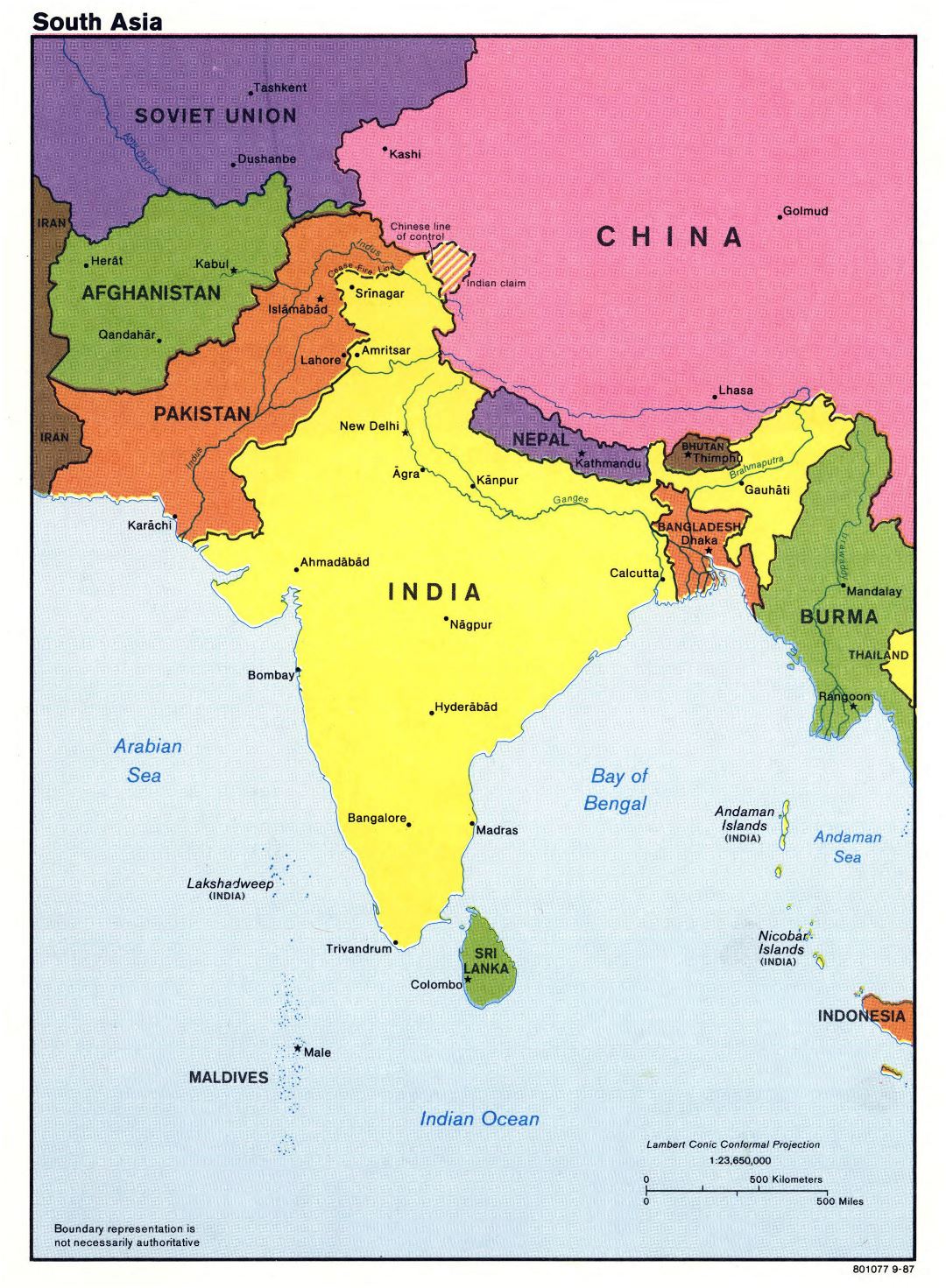 Большая детальная политическая карта Южной Азии с крупными городами и столицами - 1987