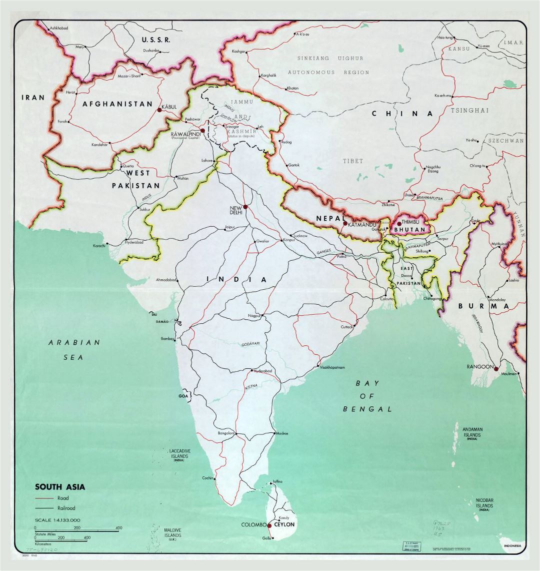 Большая карта Южной Азии с большими городами, дорогами и железнодорожными сообщениями - 1963