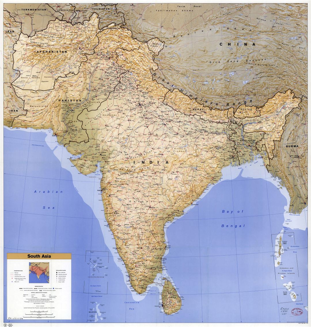 Крупномасштабная подробная политическая карта Южной Азии с рельефом, дорогами, железными дорогами, городами, аэропортами и морскими портами - 1993