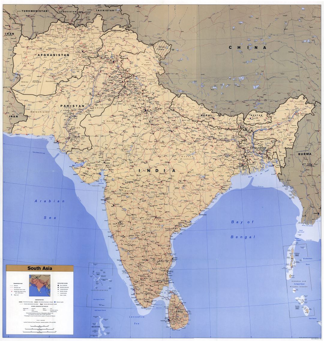 Крупномасштабная детальная политическая карта Южной Азии с рельефом, дорогами, железными дорогами, городами, аэропортами и морскими портами - 1993