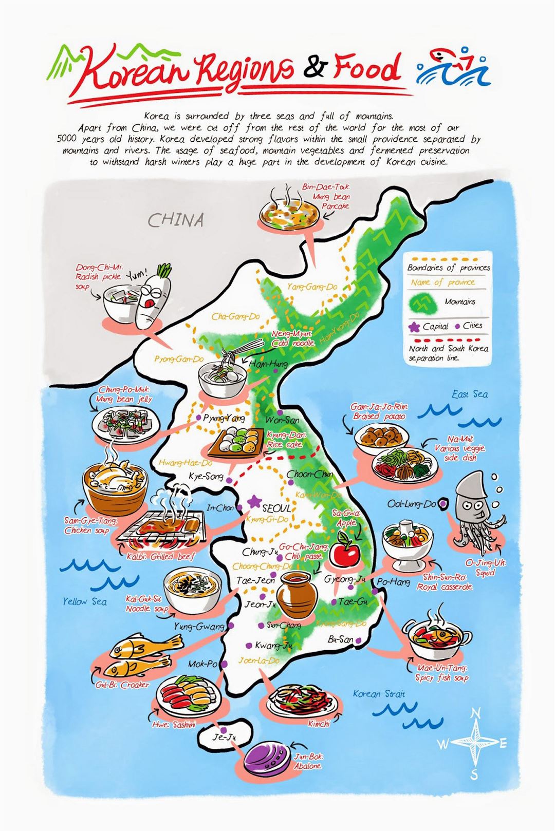 Детальная иллюстрированная карта корейских продовольственных регионов