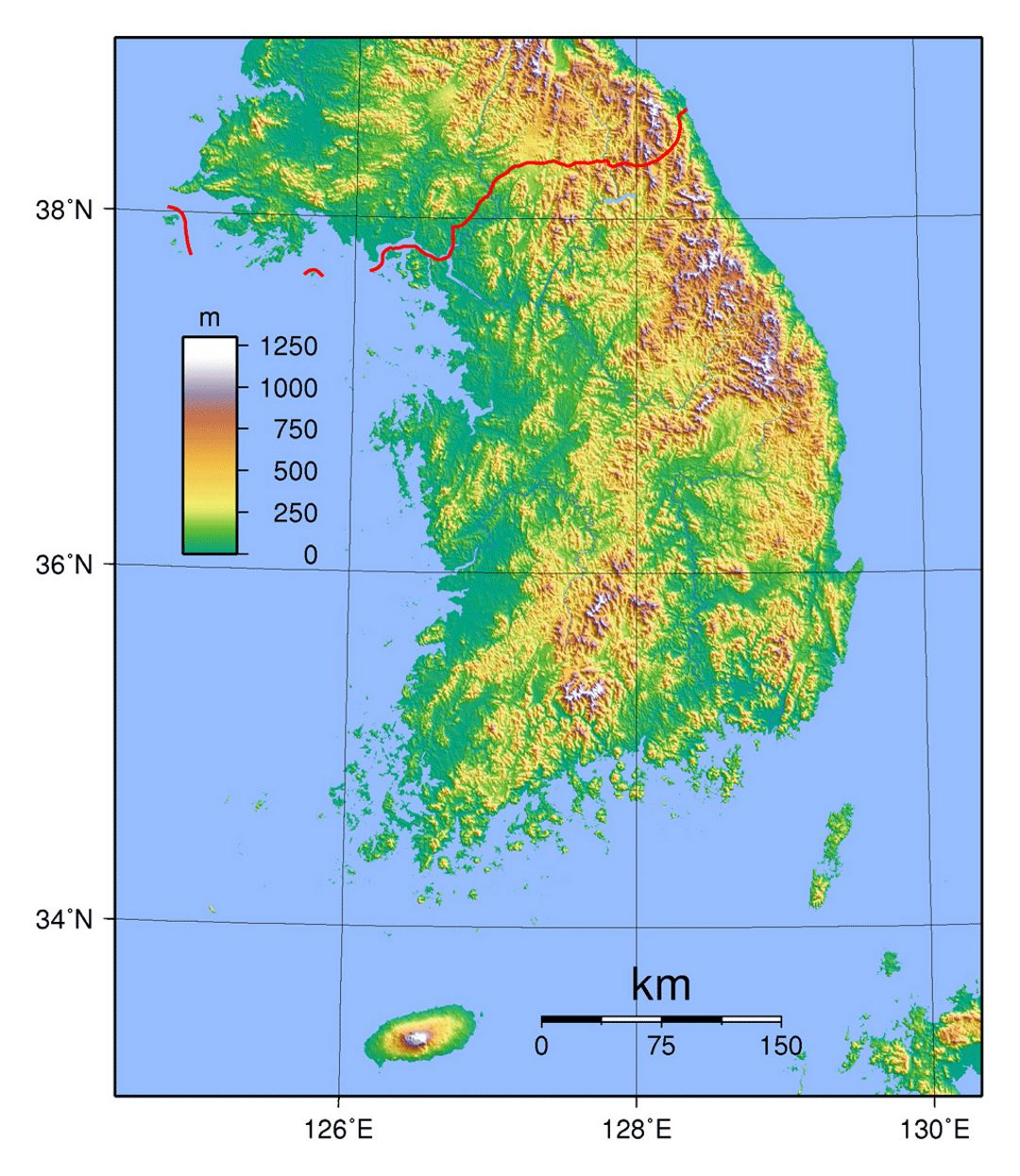 Детальная физическая карта Южной Кореи