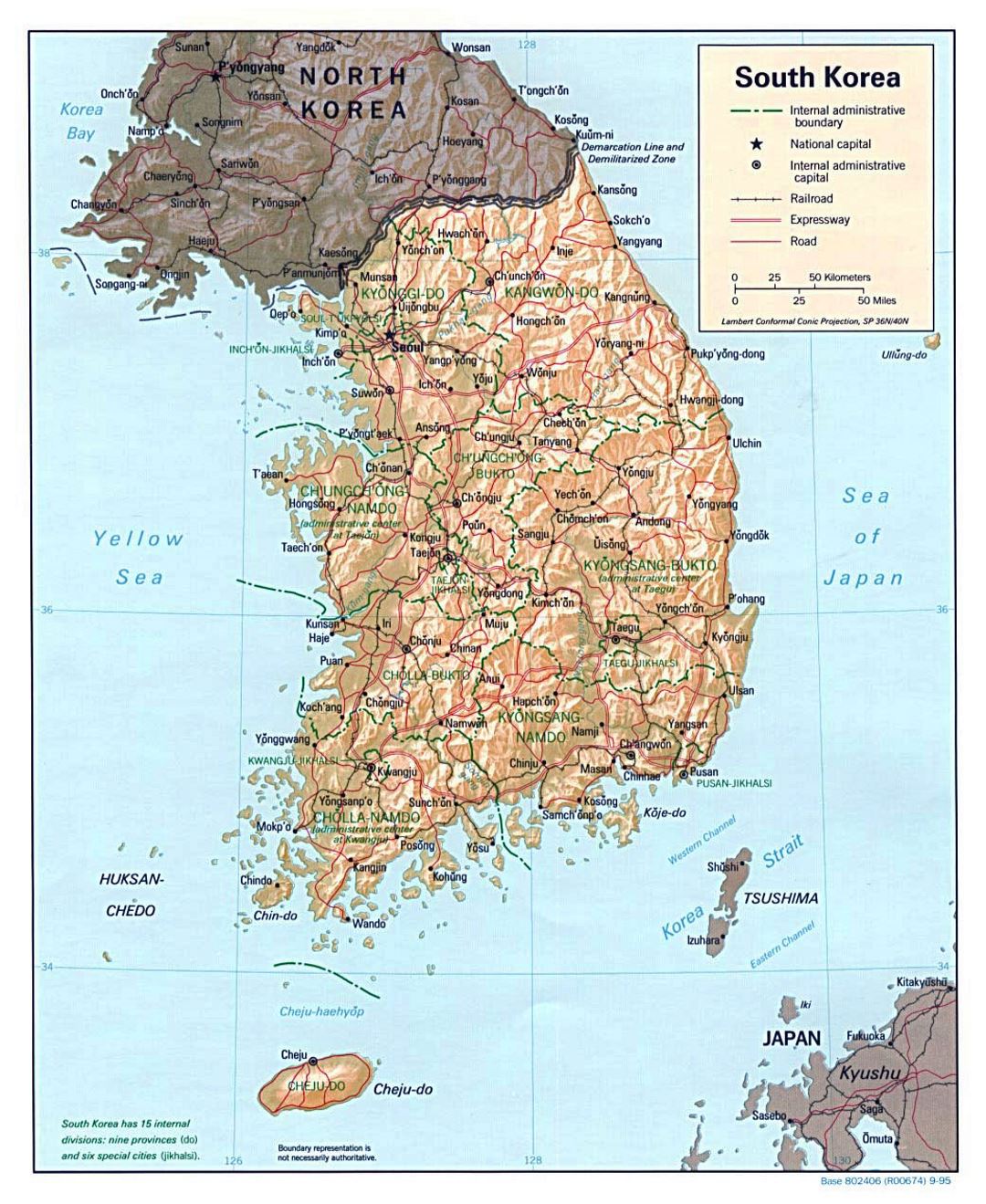Детальная политическая и административная карта Южной Кореи с рельефом, дорогами, железными дорогами и крупными городами - 1995