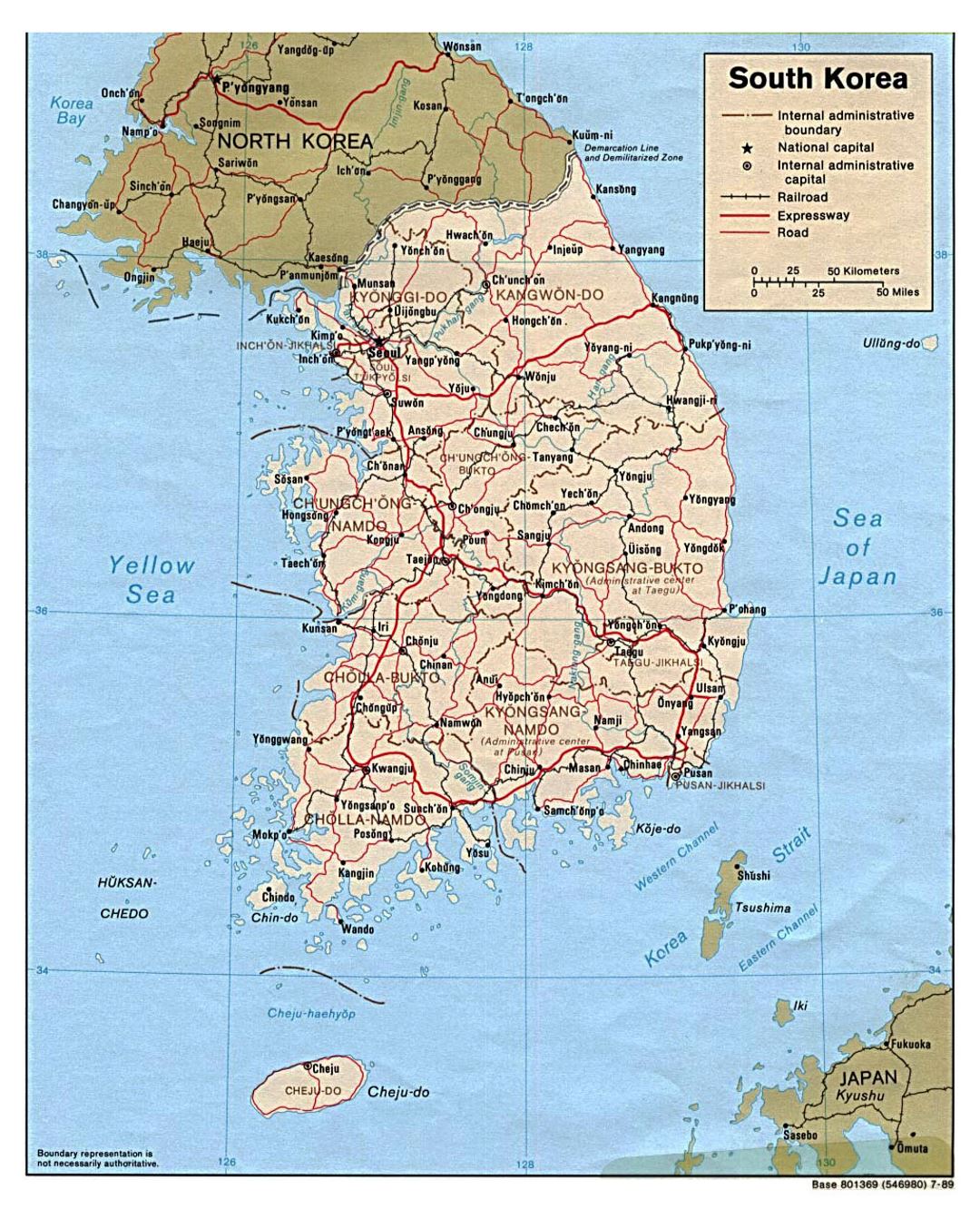 Детальная политическая и административная карта Южной Кореи с дорогами, железными дорогами и крупными городами - 1989