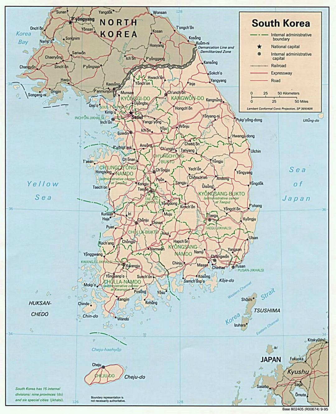 Детальная политическая и административная карта Южной Кореи с дорогами, железными дорогами и крупными городами - 1995
