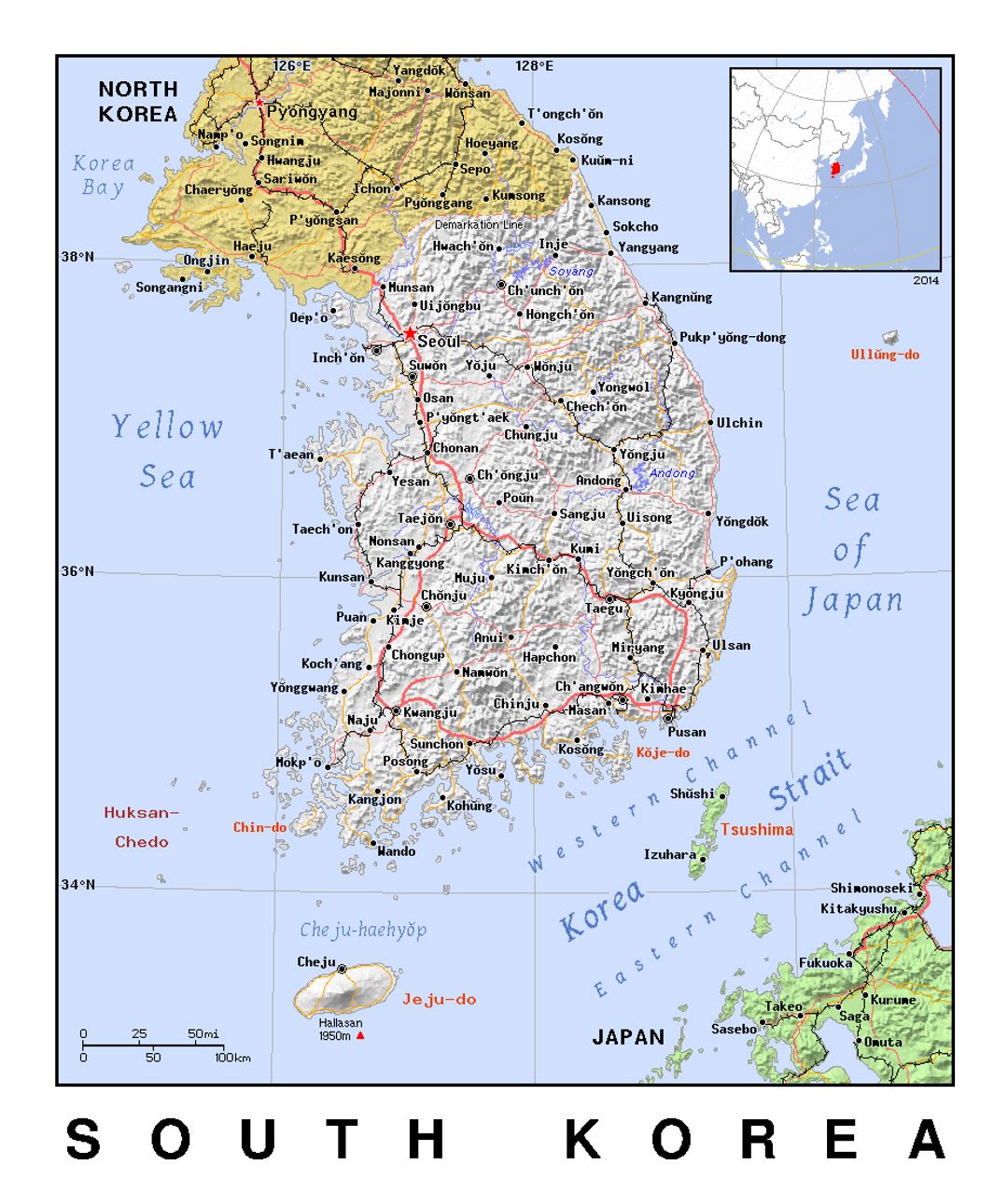 Детальная политическая карта Южной Кореи с рельефом