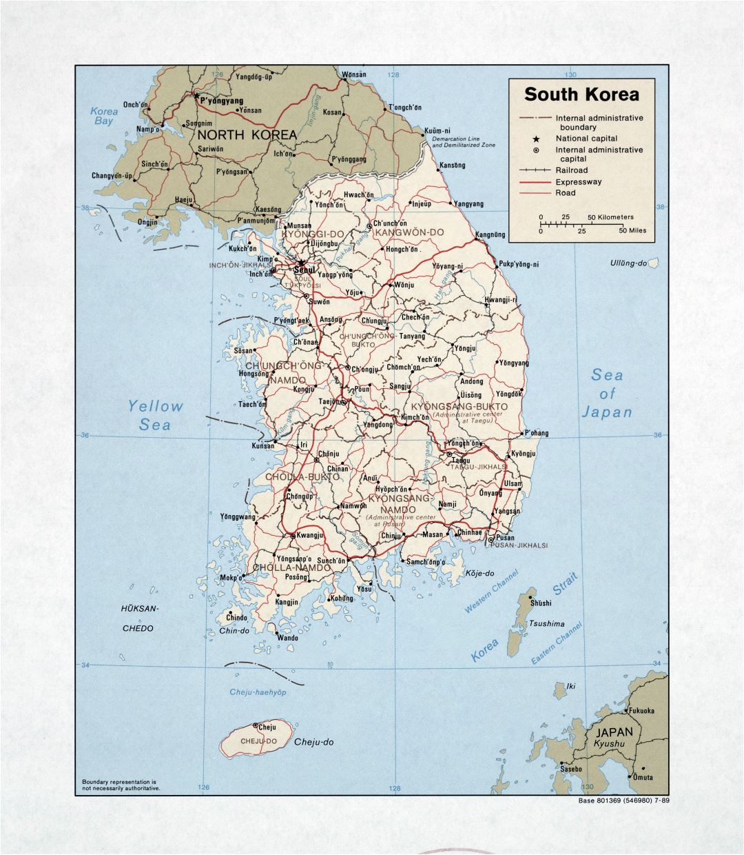 Большая детальная политическая и административная карта Южной Кореи с дорогами, железными дорогами и крупными городами - 1989