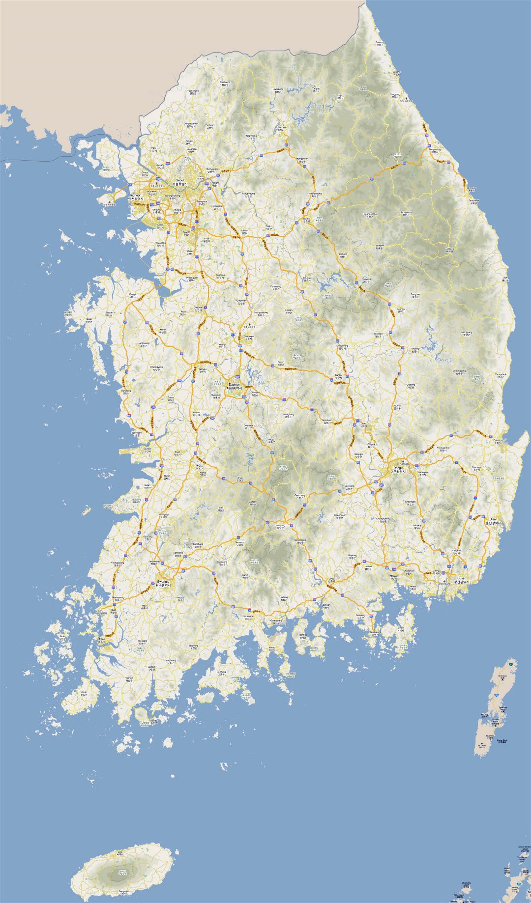 Большая детальная карта дорог Южной Кореи со всеми городами