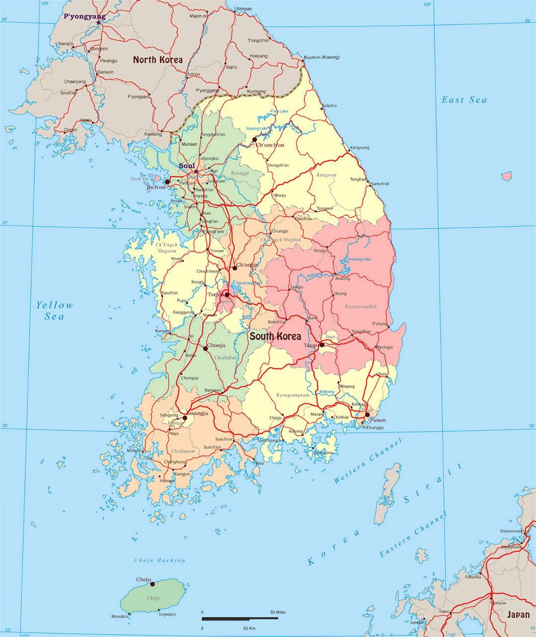 Большая политическая и административная карта Южной Кореи с дорогами и крупными городами