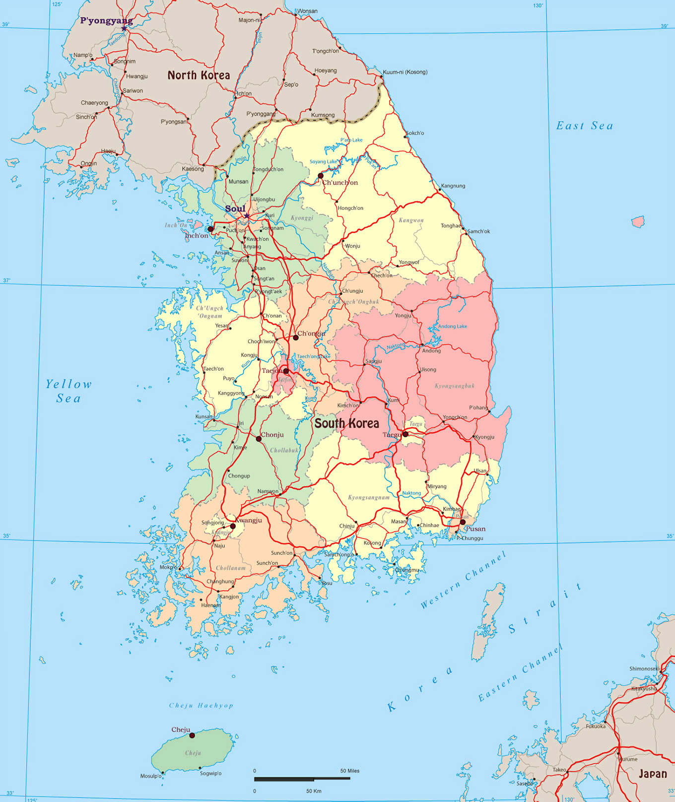 Большая политическая и административная карта Южной Кореи с дорогами икрупными городами