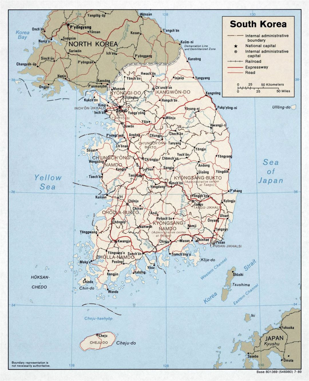Большая политическая и административная карта Южной Кореи с дорогами, железными дорогами и крупными городами - 1989