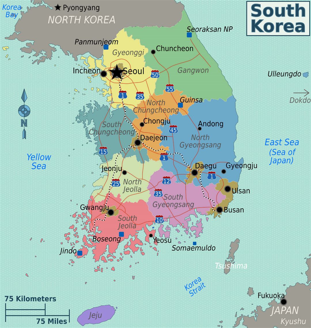 Большая карта регионов Южной Кореи