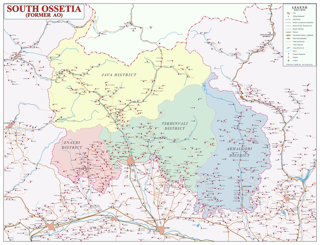 Большая детальная политическая и административная карта Южной Осетии с дорогами, городами, всеми селами и другими пометками