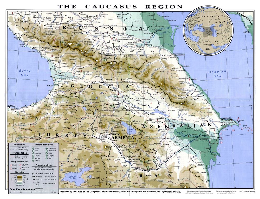 Большая детальная политическая и физическая карта Кавказского региона с другими пометками
