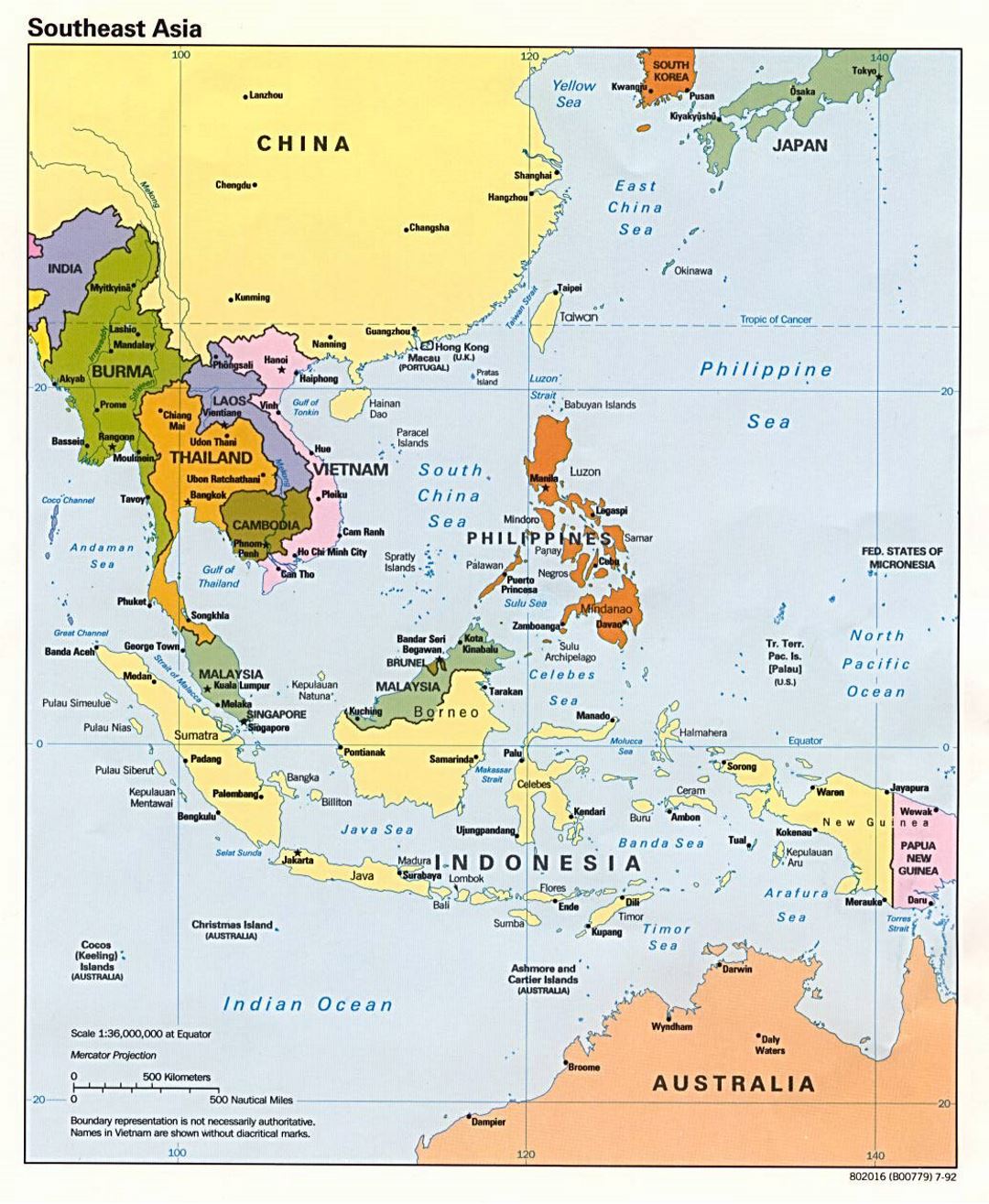 Подробная политическая карта Юго-Восточной Азии - 1992