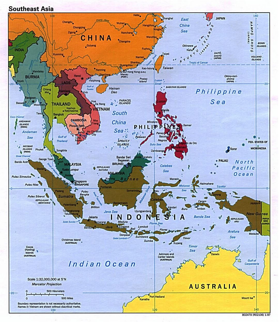 Подробная политическая карта Юго-Восточной Азии со столицами стран - 1997