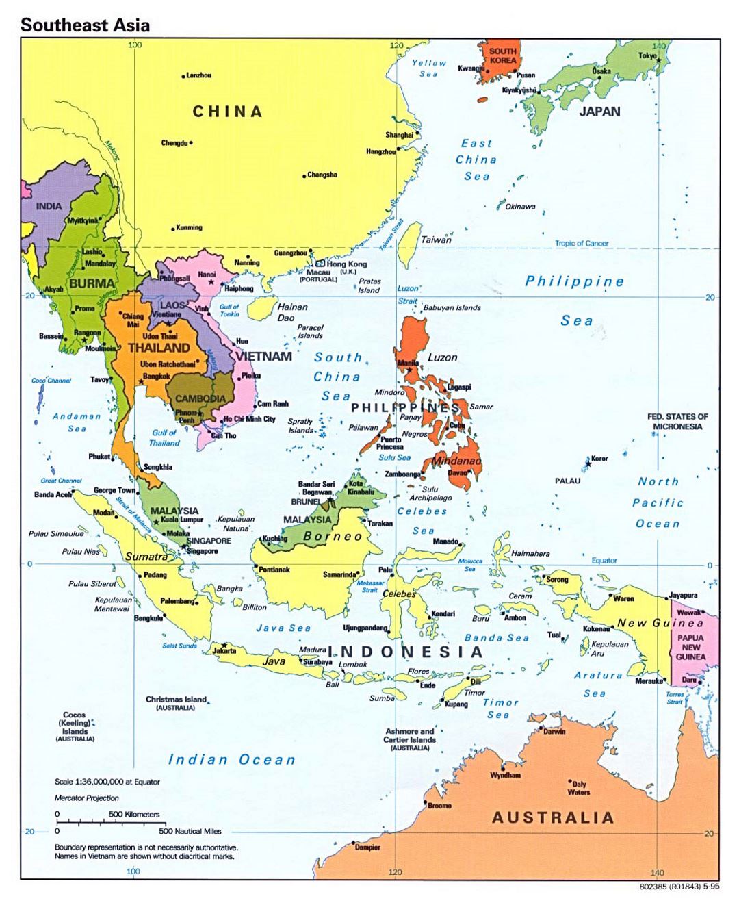 Подробная политическая карта Юго-Восточной Азии со столицами и крупными городами - 1995