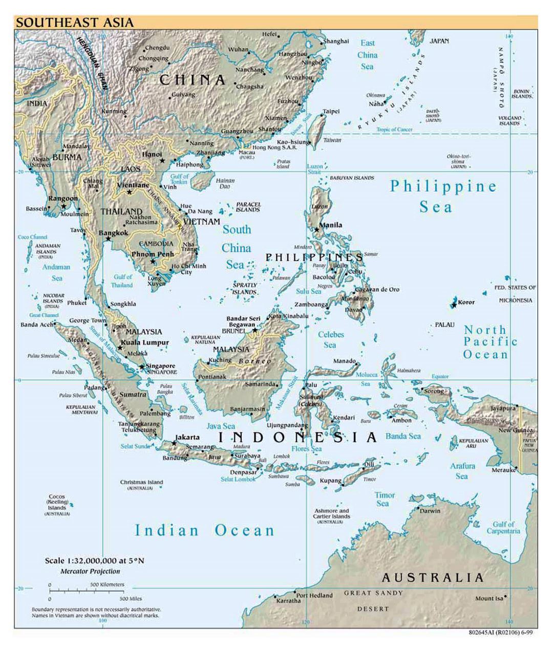 Подробная политическая карта Юго-Восточной Азии с рельефом - 1999