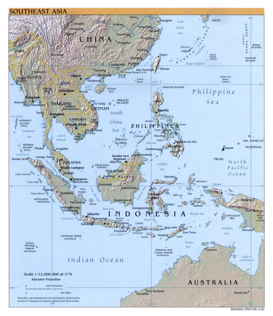 Подробная политическая карта Юго-Восточной Азии с рельефом - 2000