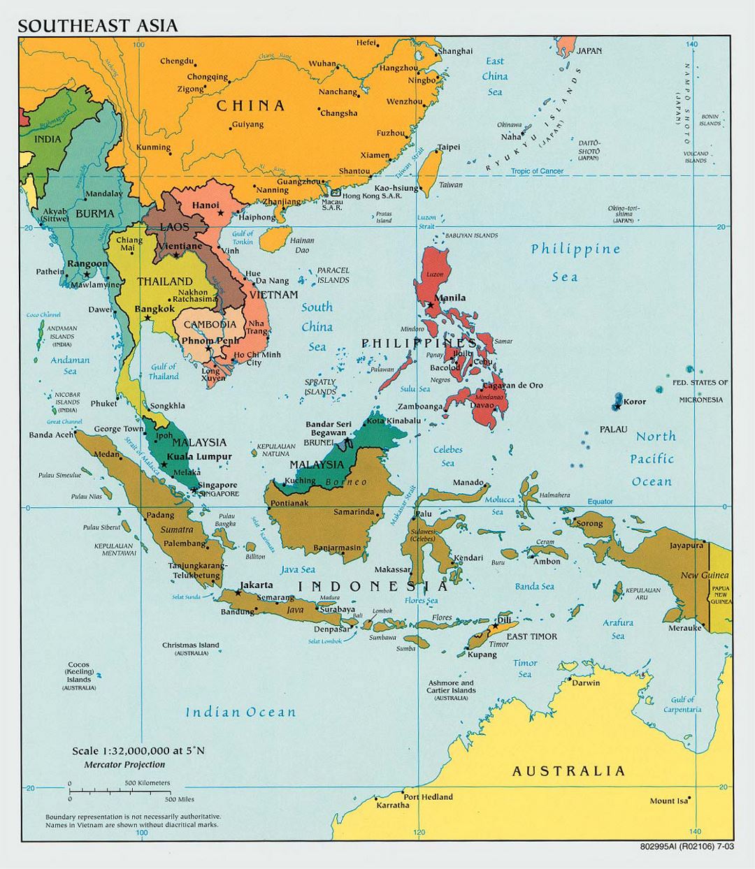 Большая политическая карта Юго-Восточной Азии со столицами - 2003