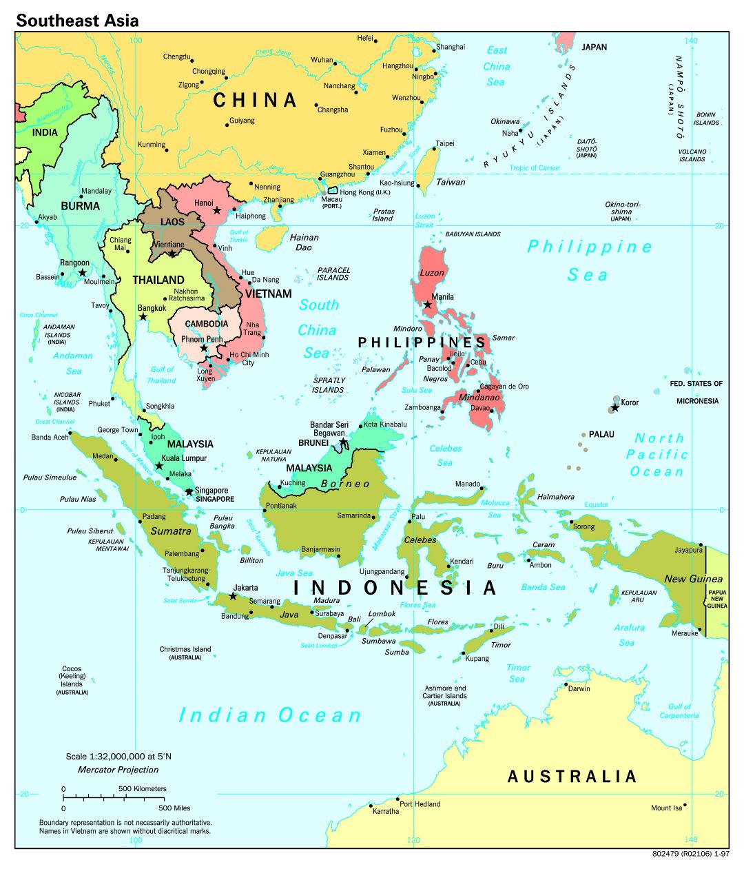 Крупномасштабная политическая карта Юго-Восточной Азии со столицами стран - 1997