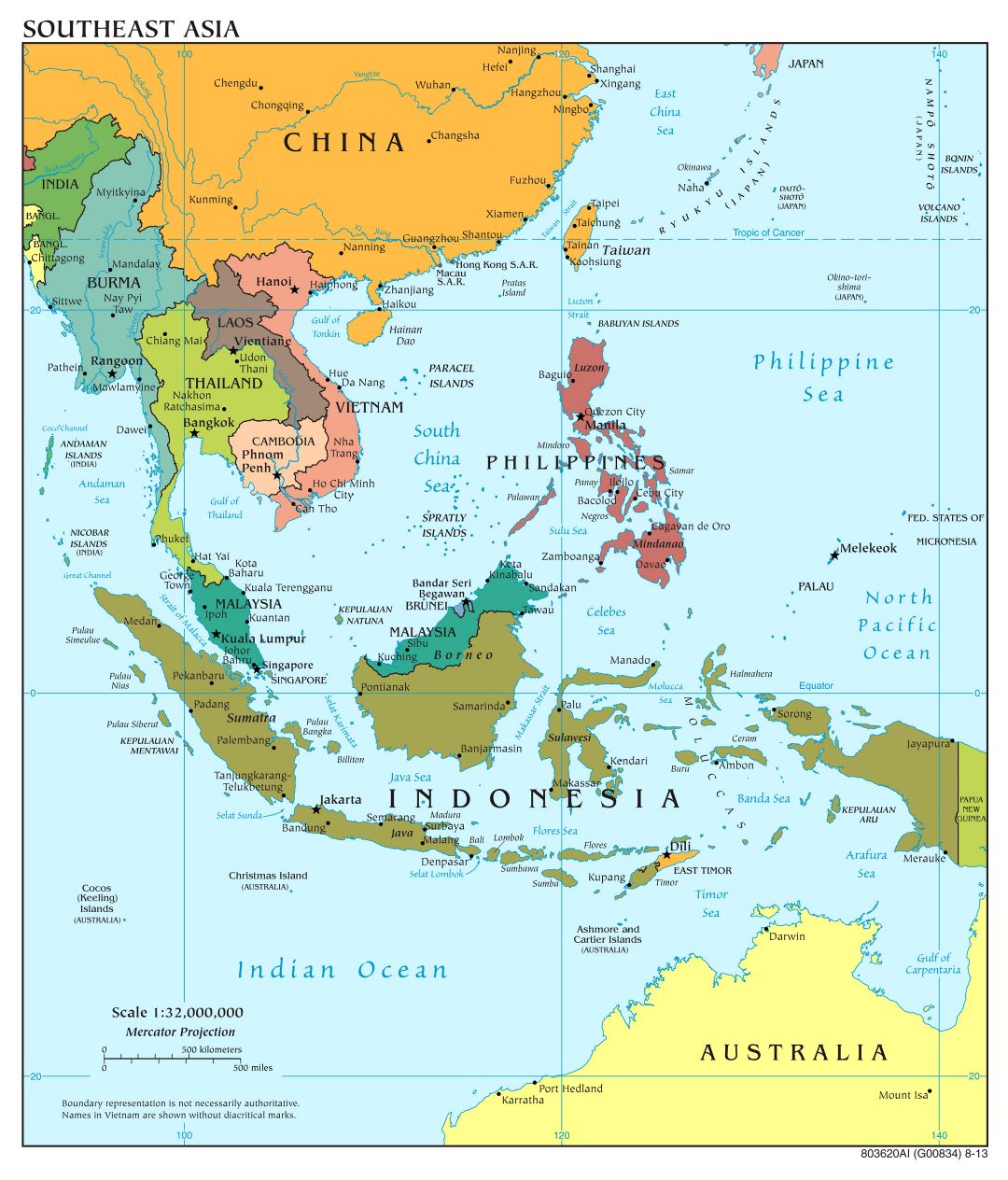 Крупномасштабная политическая карта Юго-Восточной Азии со столицами стран и крупными городами - 2013